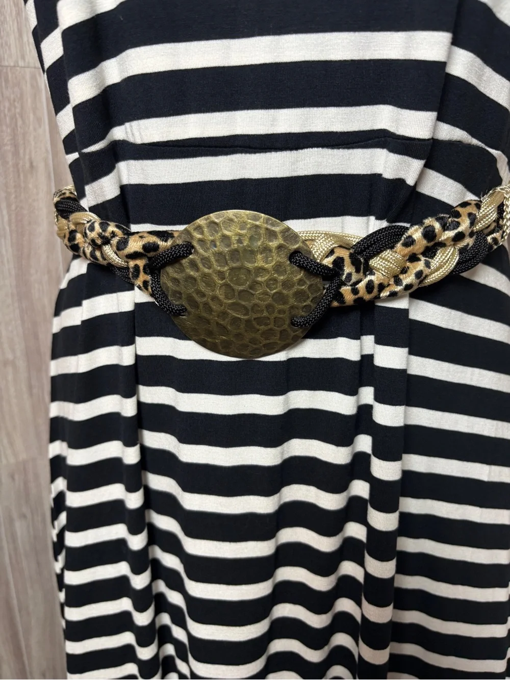 Women’s Braided Belt Leopard Print Metallic Gold Rope Hammered Medallion Buckle